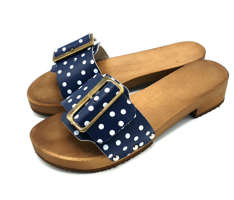 Dina wooden sandals blue with dot wide buckle